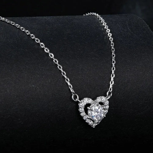 Necklace with a Moissanite Heart - 925 Sterling Silver - Transparent - NECKLACES
