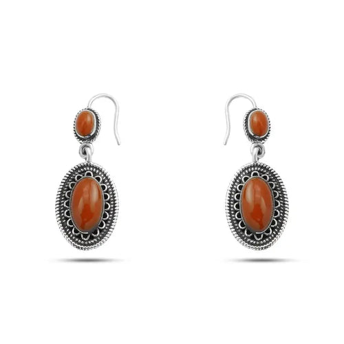 Oval Arabic Design 925 Silver Earrings with Agate stone - Brown - Earrings
