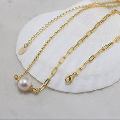 Pearl and Chain 14k gold plated - 925 sterling silver - White - NECKLACES