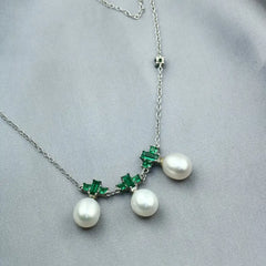 Pearl and Green zircon - 925 Silver Necklace - Multi Color