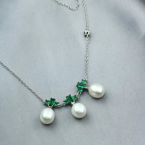 Pearl and Green zircon - 925 Silver Necklace - Multi Color
