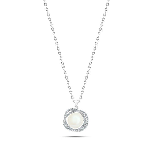 Pearl Necklace with Zircon Stones - 925 Sterling Silver - Transparent