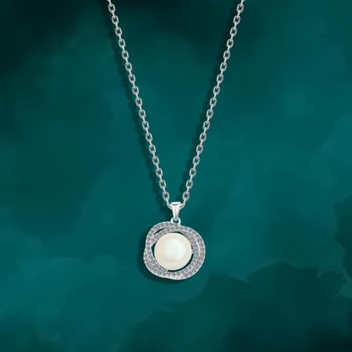 Pearl Necklace with Zircon Stones - 925 Sterling Silver - Transparent