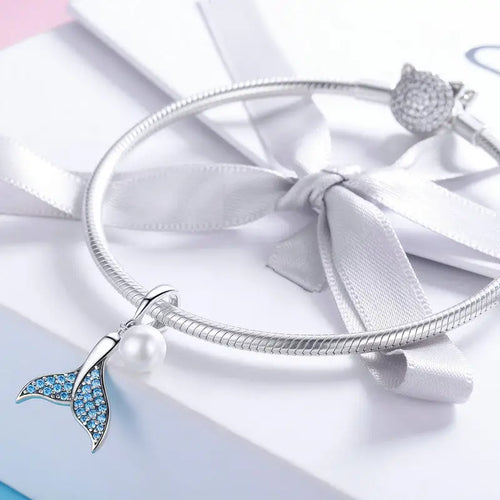 Pearls Mermaid Tail 925 Silver Charm - Light-Blue