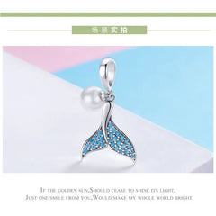 Pearls Mermaid Tail 925 Silver Charm - Light-Blue