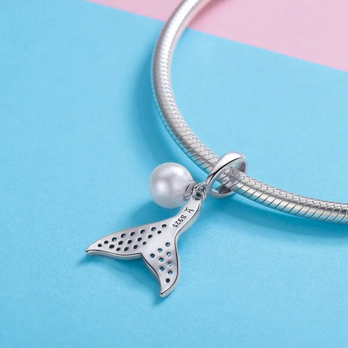 Pearls Mermaid Tail 925 Silver Charm - Light-Blue