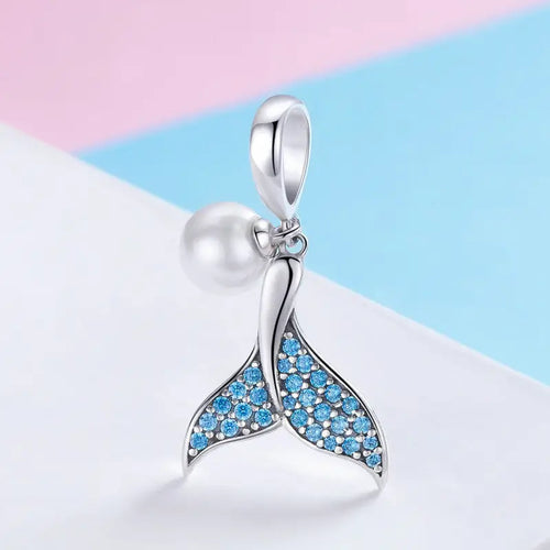 Pearls Mermaid Tail 925 Silver Charm - Light-Blue