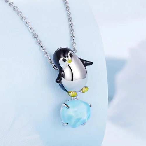 Penguin pendant with blue crystal - 925 sterling silver - Light-Blue