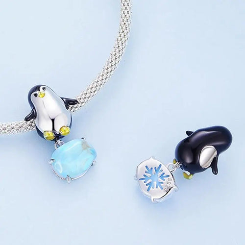 Penguin pendant with blue crystal - 925 sterling silver - Light-Blue