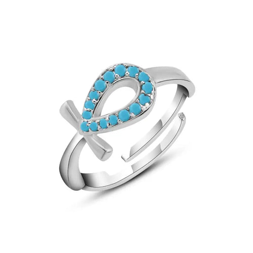 Pharaonic Key Of Life 925 Silver Ring - Light Blue - Rings