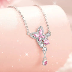Pink Butterfly with zircon 925 Silver Necklace - Multi Color