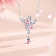 Pink Butterfly with zircon 925 Silver Necklace - Multi Color
