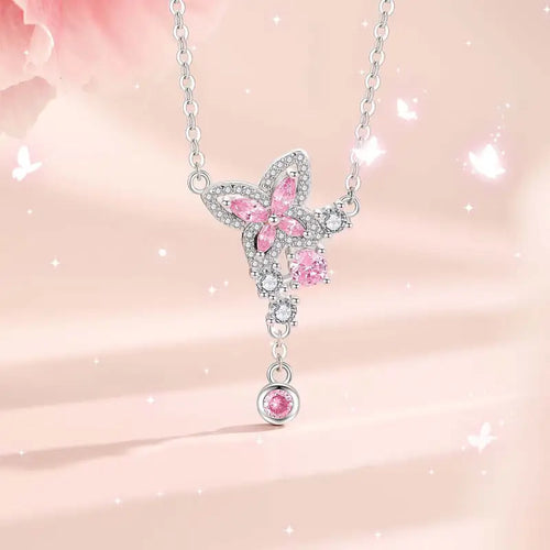 Pink Butterfly with zircon 925 Silver Necklace - Multi Color
