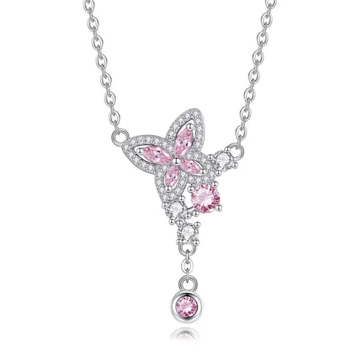 Pink Butterfly with zircon 925 Silver Necklace - Multi Color