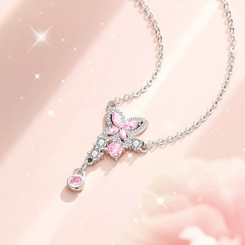 Pink Butterfly with zircon 925 Silver Necklace - Multi Color