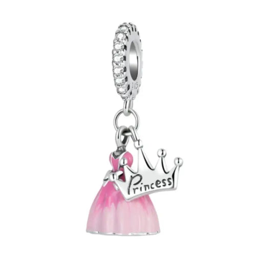 Pink Dress Crown Princess Charm - 925 Sterling Silver - Pink