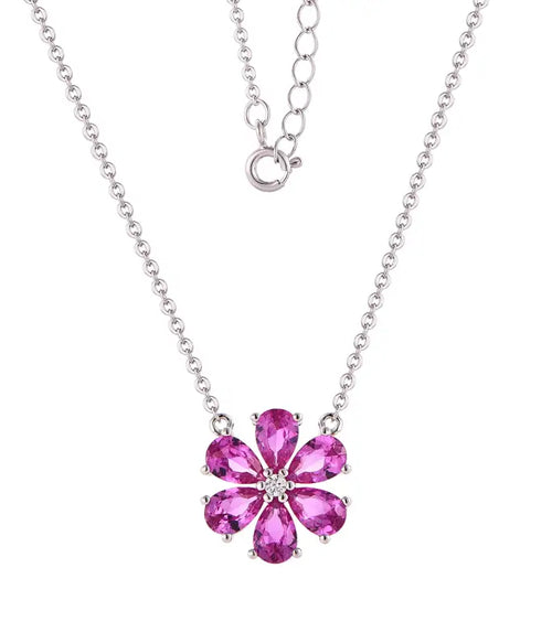 Pink flower 925 Silver necklace - Pink - NECKLACES