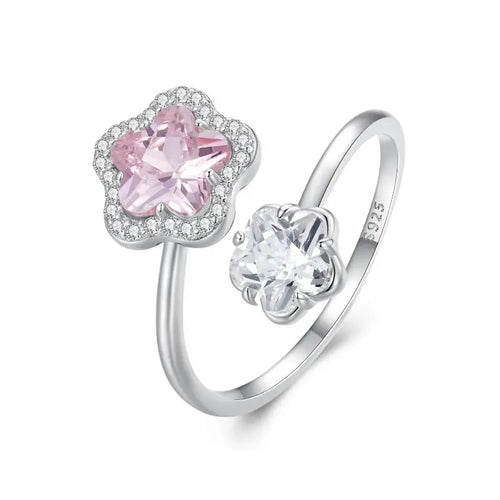 Pink Flower 925 Silver Ring - Multi Color