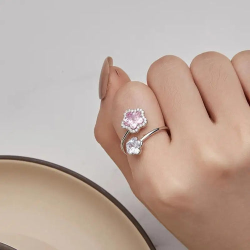 Pink Flower 925 Silver Ring - Multi Color