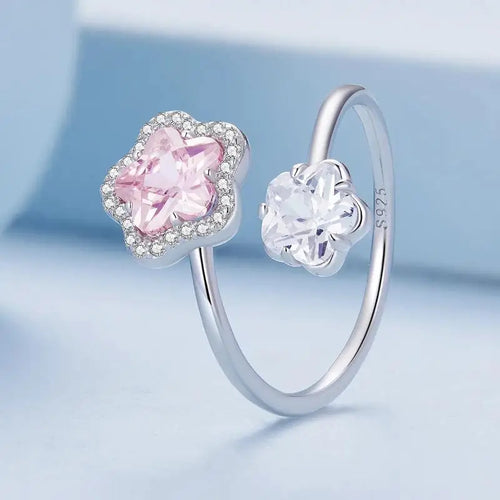 Pink Flower 925 Silver Ring - Multi Color