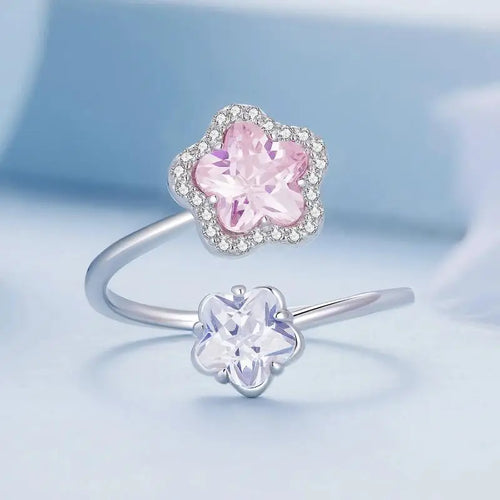 Pink Flower 925 Silver Ring - Multi Color