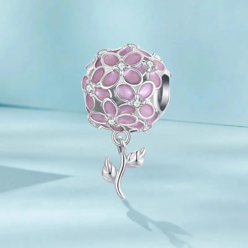 Pink Flower Ball Charm - 925 sterling silver - White