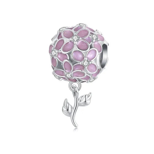 Pink Flower Ball Charm - 925 sterling silver - White
