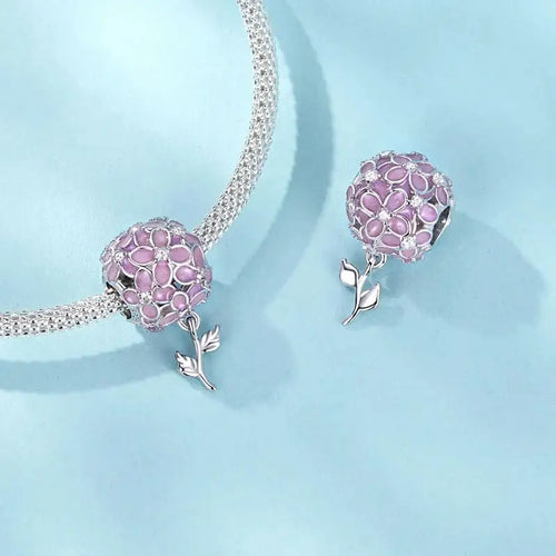 Pink Flower Ball Charm - 925 sterling silver - White