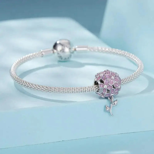 Pink Flower Ball Charm - 925 sterling silver - White