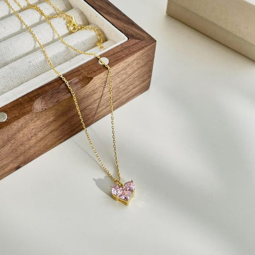 Pink Golden Heart -925 silver necklace - Pink