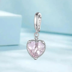 Pink Heart Hanging Hollow-out Love Charm - 925 sterling silver - Pink