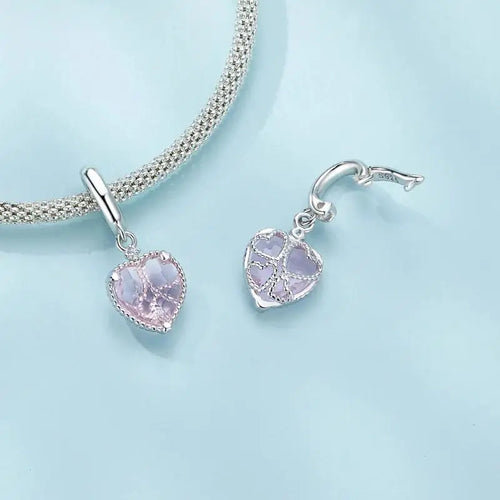 Pink Heart Hanging Hollow-out Love Charm - 925 sterling silver - Pink