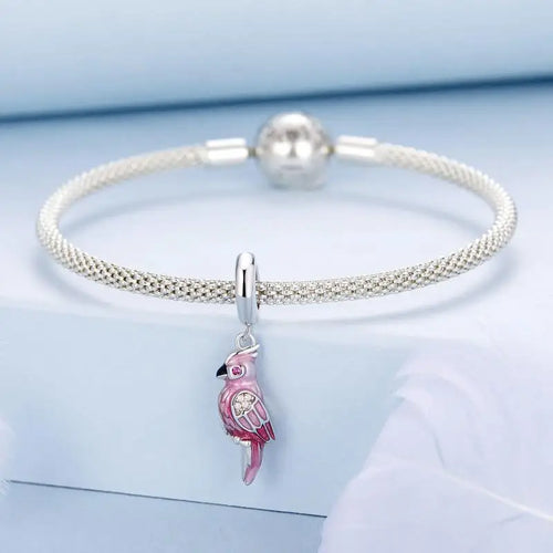 Pink Parrot Pendant Charms- 925 sterling silver - White