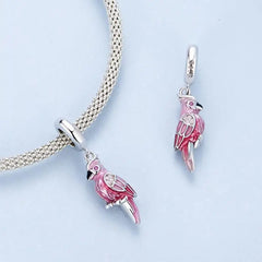 Pink Parrot Pendant Charms- 925 sterling silver - White
