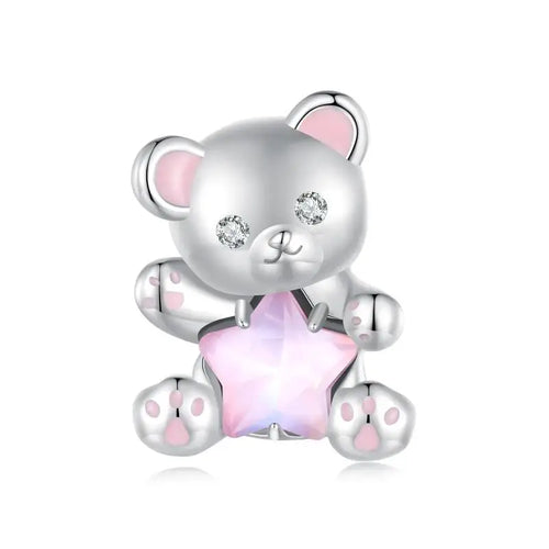 Pink Star Bear 925 Silver Charm - Multi Color