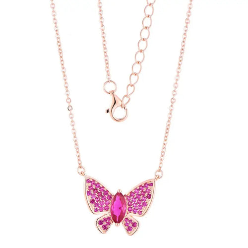 Pink Zircon Butterfly 925 Silver Necklace - Red - NECKLACES