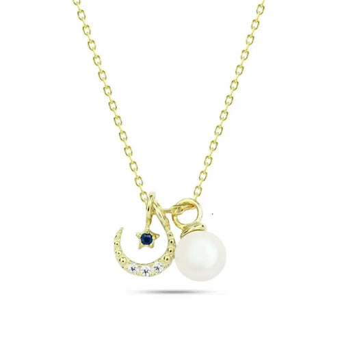 Plated Crescent & Star 925 Silver Necklace - White - NECKLACES