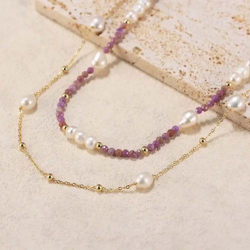 purple and Pearl duet 14k gold plated - 925 sterling silver - Purple - NECKLACES