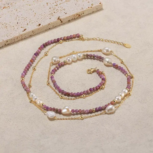 purple and Pearl duet 14k gold plated - 925 sterling silver - Purple - NECKLACES