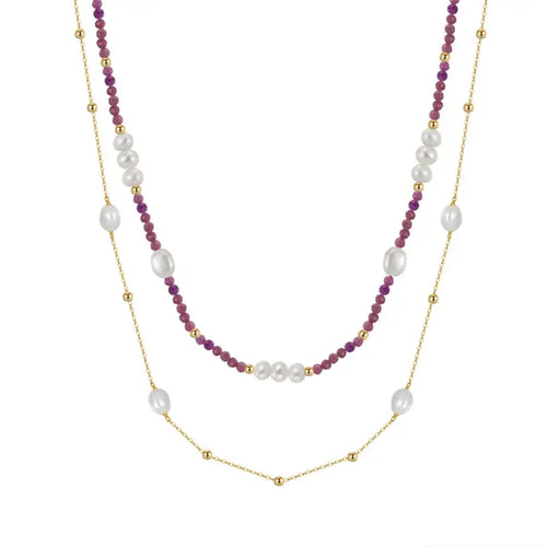 purple and Pearl duet 14k gold plated - 925 sterling silver - Purple - NECKLACES