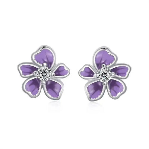 Purple Flower Earrings - 925 sterling silver - Transparent