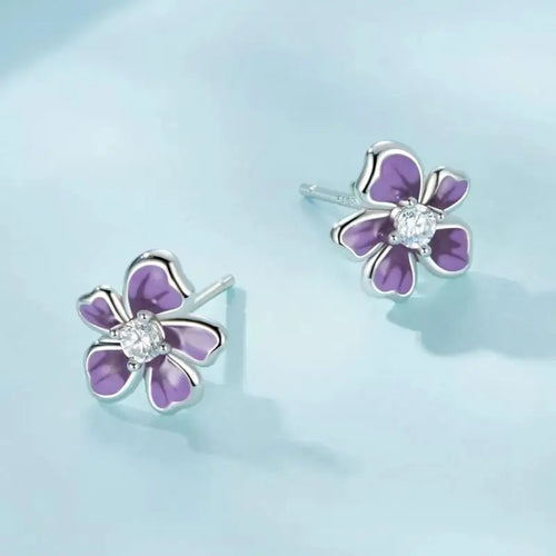 Purple Flower Earrings - 925 sterling silver - Transparent
