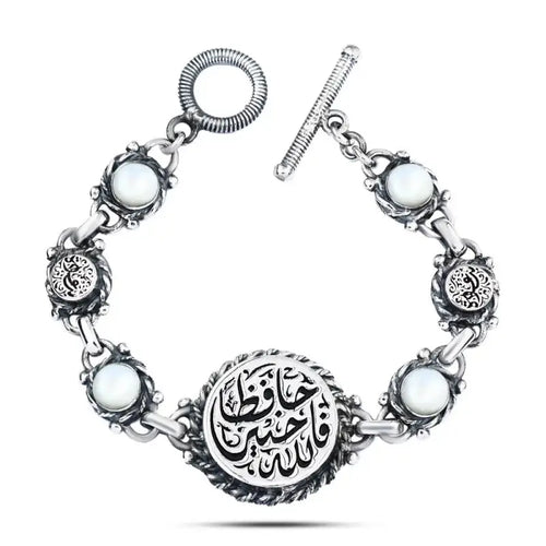 Quranic Verse 925 Egyptian Silver Bracelet With Mother Of Pearl Stone - White - Bracelets