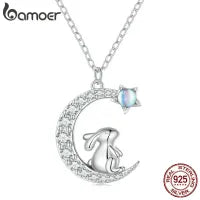 Rabbit and Crescent Moon Necklace - 925 Sterling Silver - Transparent - NECKLACES