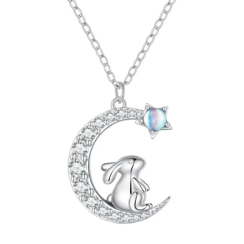 Rabbit and Crescent Moon Necklace - 925 Sterling Silver - Transparent - NECKLACES