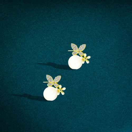 Shiny Zircon and Pearl stone Butterfly Earring - 925 sterling silver - fathyibrahim