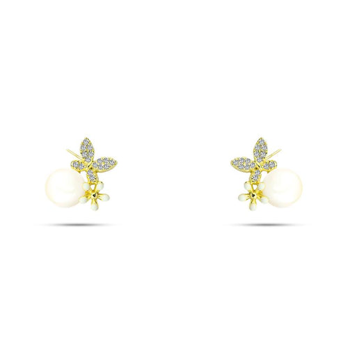 Shiny Zircon and Pearl stone Butterfly Earring - 925 sterling silver - fathyibrahim