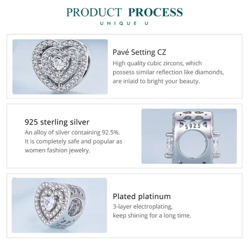 Shiny zircon Heart Charm - 925 sterling silver - White