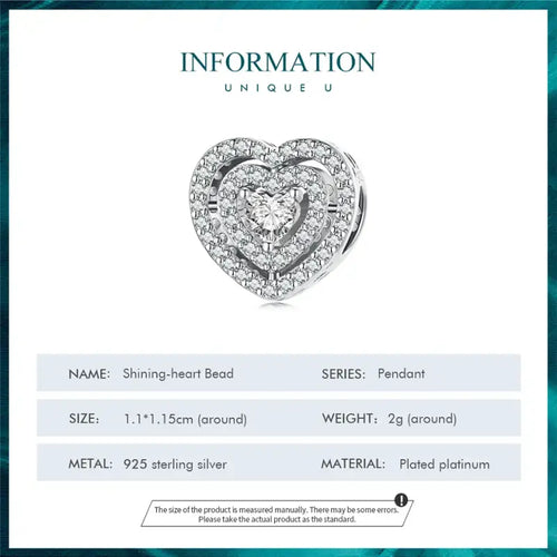 Shiny zircon Heart Charm - 925 sterling silver - White