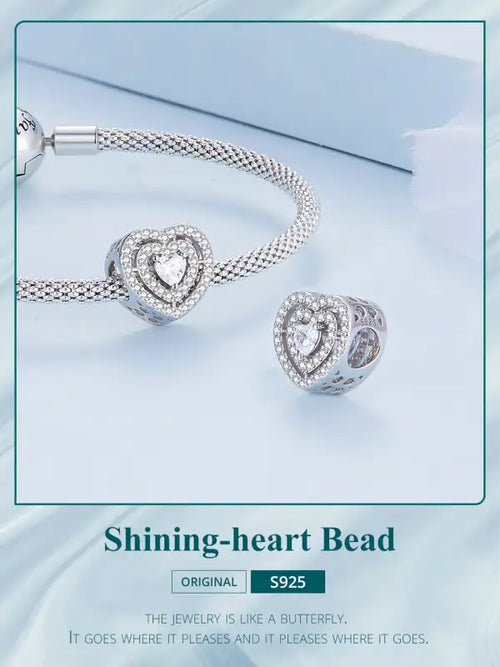 Shiny zircon Heart Charm - 925 sterling silver - White